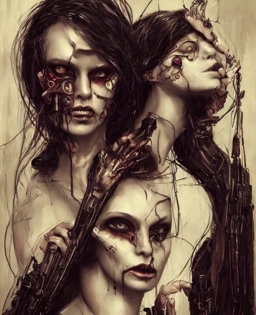 Prompt: a realistic portrait of a seductive cyberpunk woman, artstation contest winner, dark art, gerald brom, michael hussar, gothic, body horror, cronenberg