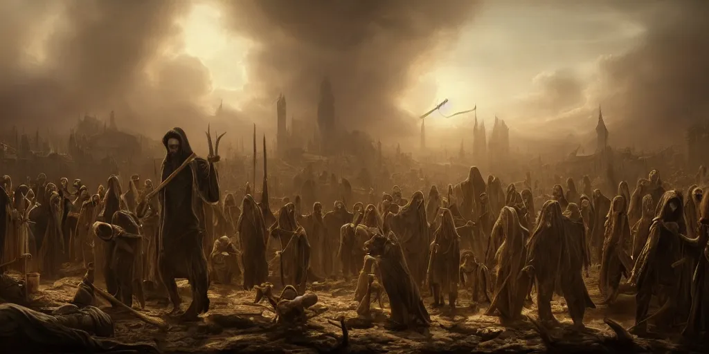 Image similar to beautiful oil matte painting, black plague infected people meeting the grim reaper, wonderful masterpiece highly detailed, beautiful cinematic light deep focus, elegant, digital painting, smooth, sharp focus, golden ratio, dramatic illumination, ultra realistic, 8 k, art by salvator rosa