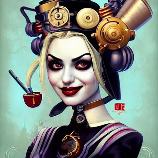 Prompt: steampunk portrait of harley quinn, Pixar style, by Tristan Eaton Stanley Artgerm and Tom Bagshaw.