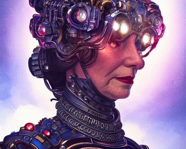 Prompt: hrh queen elizabeth as a cyborg terminator, photography of kurzgesagt, deep focus, d & d, fantasy, intricate, elegant, highly detailed, digital painting, artstation, concept art, matte, sharp focus, illustration, hearthstone, art by artgerm and greg rutkowski and alphonse mucha