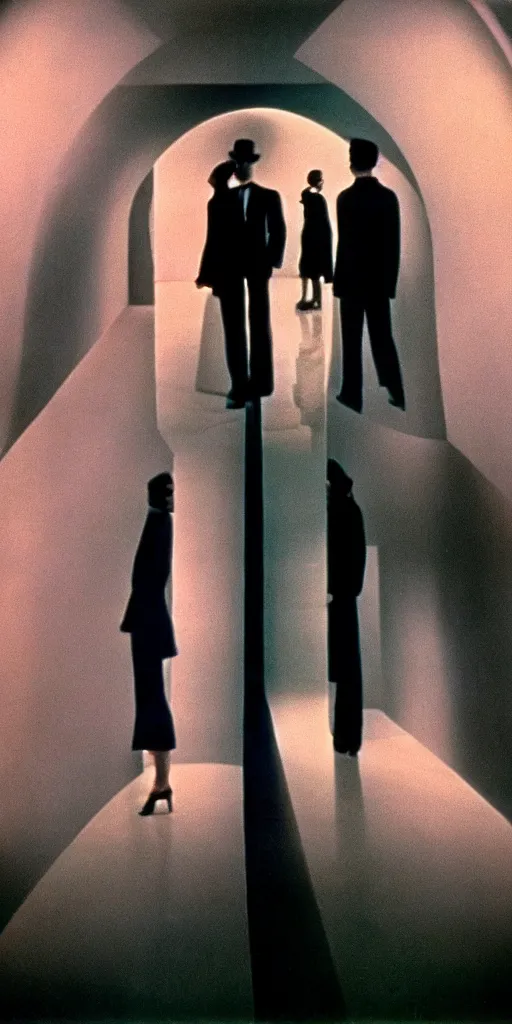 Image similar to single scene from a color film directed by stanley kubrick, two abstract people in frame, symmetry, leading lines, cinematic, kodak film, highly detailed ”