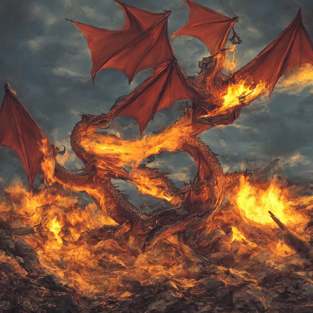 Image similar to a campfire, a dragon flying at background, dragon\'s eyes shining red/yellow seen by far at sky, people talking with each other, sun setting, and sea waves is slow