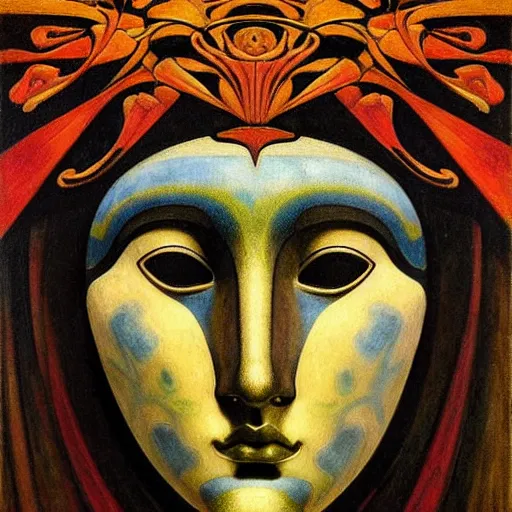 Image similar to masterpiece painting of a facemask made of stylized flowers, by annie swynnerton and jean delville and tino rodriguez and john watkiss, flower mask, art deco shaman, art brut, symbolist, dramatic lighting, god rays, elaborate geometric ornament, clean crisp graphics, soft cool colors, smooth, sharp focus, extremely detailed