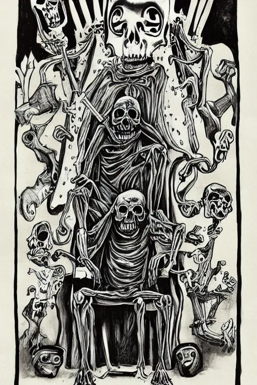 Image similar to grim reaper sitting in a throne, surrounded by your other personalities, by ed ( big daddy ) roth