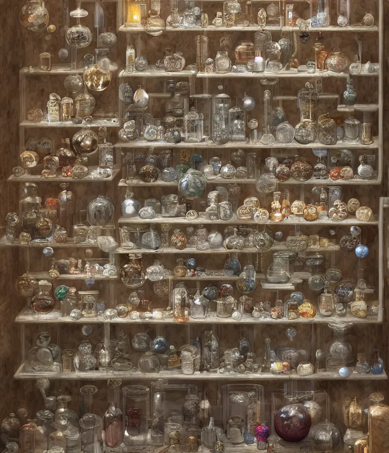 Prompt: a beautiful hyper realistic 3d render of jars, vials, pitchers, and baubles stocked on intricate runic shelves, tables, and ornaments in a pristine roman domus, by goya, Atey Ghailan, ghibli, unreal engine, octane render, brilliantly colored, ultra wide angle, trending on artstation, HDR, polished, micro details, ray tracing, 8k