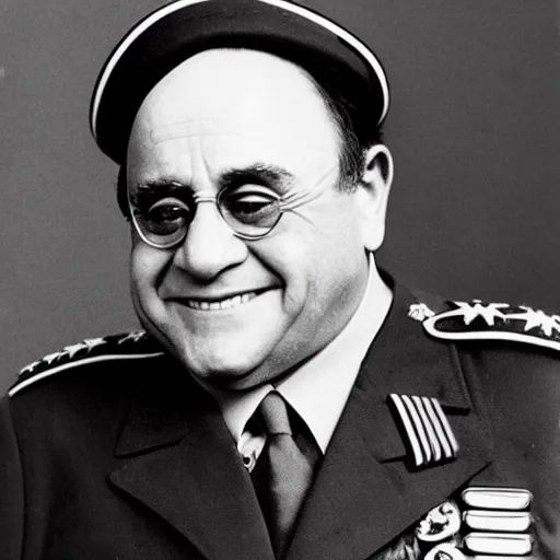 Image similar to 1942 portrait photograph, Danny DeVito in a Nazi officer's uniform