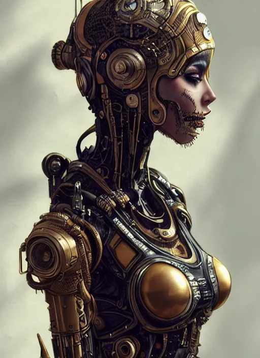 Image similar to soft lustrous ivory ebony biotech raver gutter punk gothic steampunk cyborg, golden ratio, details, scifi, fantasy, cyberpunk, intricate, decadent, highly detailed, digital painting, octane render, artstation, concept art, smooth, sharp focus, illustration, art by artgerm, loish, wlop