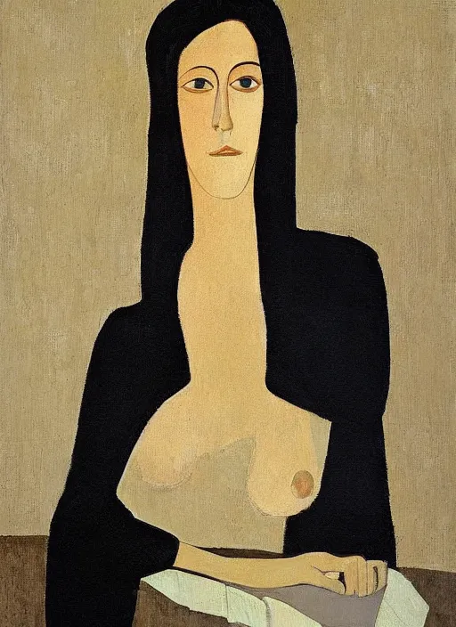 Image similar to a painted portrait of a confident women, art by felice casorati, aesthetically pleasing and harmonious natural colors, expressionism, natural light, fine day, portrait