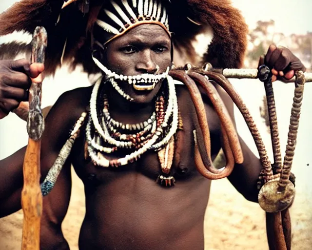 Image similar to zulu tribal warrior made out of teeth, american in a cage