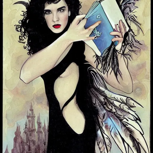 Image similar to young jennifer connelly as odile, gothic dark fae disney villain with black feathers instead of hair, girlboss, dominant, zero g, reading a book, feathers growing out of skin, pulp sci fi, mike mignola, david mack, romantic, comic book cover, vivid, beautiful, illustration, highly detailed, oil painting