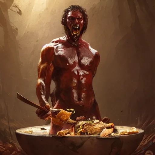 Image similar to an spartan man eating meat on a wooden bowl, Matte painting , detailed painting, greg rutkowski