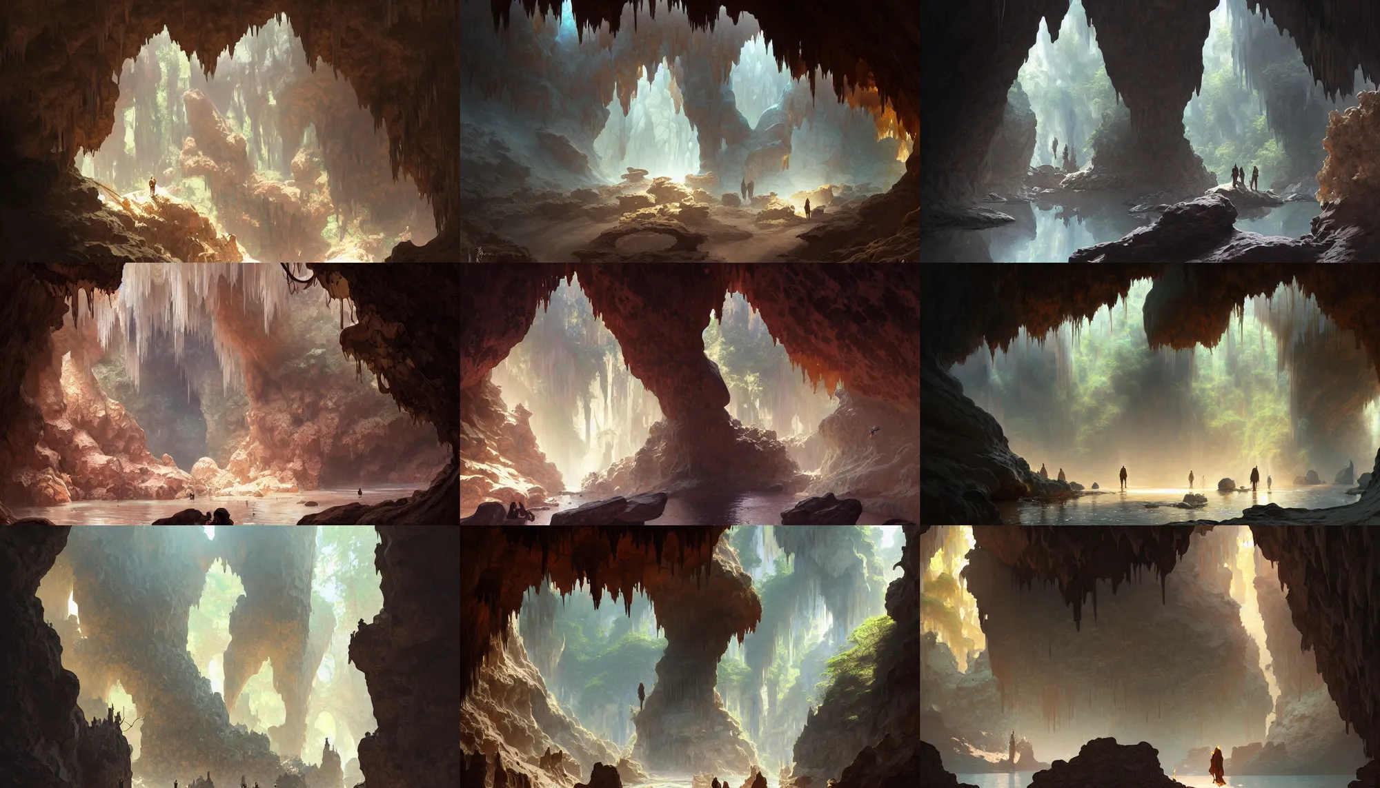 Prompt: inside a natural cave with stalactites, intricate, elegant, highly detailed, digital painting, artstation, concept art, smooth, sharp focus, illustration, art by artgerm and greg rutkowski and alphonse mucha, 8 k