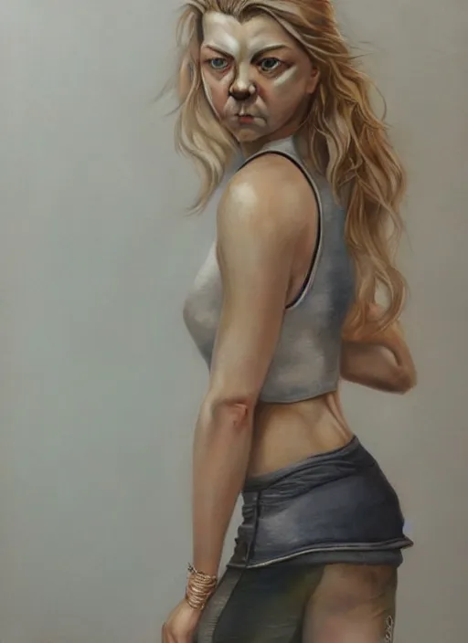 Image similar to full length photo of a very sweaty Natalie Dormer in a wet tanktop in the style of stefan kostic, full extremely slim body, not realistic, sharp focus, 8k high definition, insanely detailed, intricate, elegant, art by stanley lau and artgerm