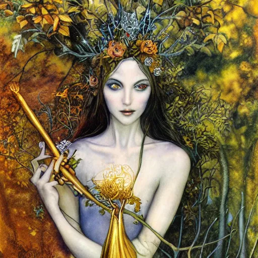 Image similar to fey queen of the summer forest, dress of leaves, fine features, holding a golden scepter, thin, young, silver shimmering hair, by brian froud, dusk scene, night colors, oil on canvas, oil panting