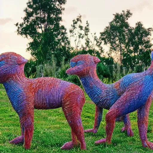 Image similar to A beautiful art installation of a group of creatures that looks like a mix of different animals. Most of the creatures have human-like features, such as arms and legs, and some are standing upright while others are crawling or flying. flax, blue hour by Pipilotti Rist geometric