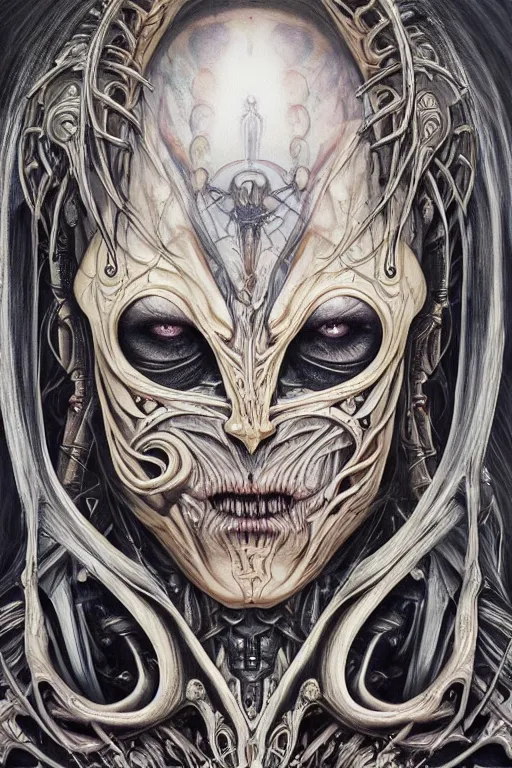 Image similar to Elden Ring and Doom themed painting of majestic chromatic biomechanical anatomical human hybrid beautiful ethereal angel symmetrical neutral mask closeup face tattoo pattern golden ratio concept, Neo-Gothic concept, infinity glyph waves, intricate artwork masterpiece, very coherent artwork, cinematic, full frontal facial features by Artgerm, art by H.R. Giger, Takato Yamamoto, Zdizslaw Beksinski, Johnatan Wayshak, Moebius, Ayami Kojima, very anatomically coherent artwork, trending on cgsociety, ultra high quality model, production quality cinema model, high detail chromatic ink outline, octane render, unreal engine 8k, hyper realism, high detail, octane render, unreal engine, 8k, High contrast