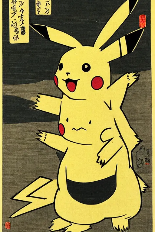 Image similar to Pikachu Pokemon, Japanese ukiyo-e ukiyo-ye woodblock print, by Moronobu