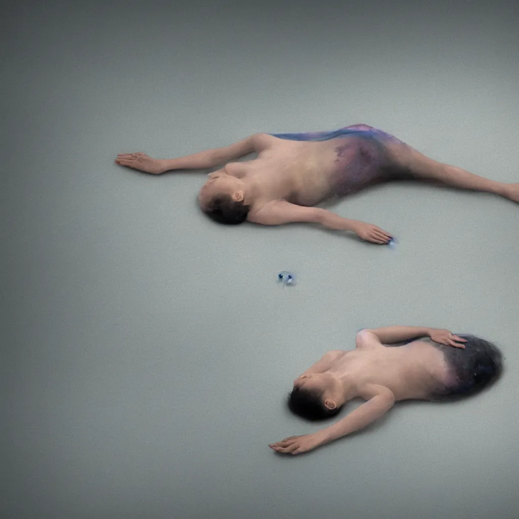 Prompt: cinestill of iridiscent oil with corpses connected by ethernet cables to wax technical forms to a buried baby relaxing on yoga mat, faded, iridiscent gradient, fog, depth of field, blur, very detailed, by nadav kander and hans bellmer, 8 k, ultrarealistic, sad atmosphere, cinematic, 8 5 mm lens