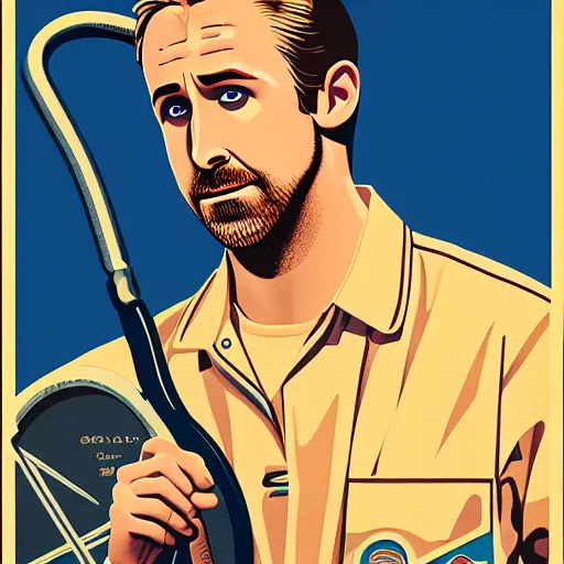 Image similar to realistic portrait of ryan gosling as a soviet mechanic, with a huge wrench, futuristic, highly detailed, 8 0 - s style poster, sharp focus, illustration, art by kawase hasui,