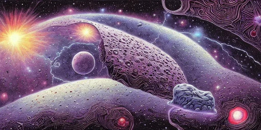 Prompt: magical asteroid!! belt in ( ( deep space ) ), symmetrical!!!!!, detailed, by dan seagrave art and moebius