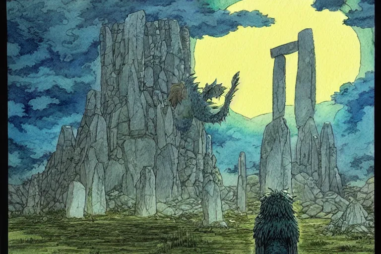 Prompt: hyperrealist studio ghibli watercolor fantasy concept art of a kaiju using stonehenge as a chair. it is a misty starry night. by rebecca guay, michael kaluta, charles vess