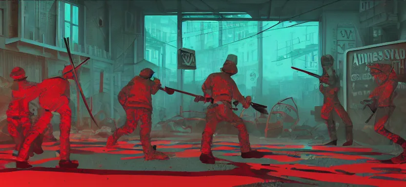 Prompt: handmade illustration of a violent street fight with weapons in an industrial room, line art, octane render with volumetric lighting, miniatures by wes anderson, cedric peyraavernay, waste processing machinery, bladerunner, green and red radioactive swamp, by Remedios Varo and Anato Finnstark and Greg Rutkowski, dayglo pink, dayglo blue, dazzle camouflage, 8k, trending on ArtStation