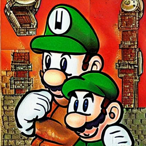 Image similar to a portrait of mario and luigi of super mario brothers, by h. r. giger