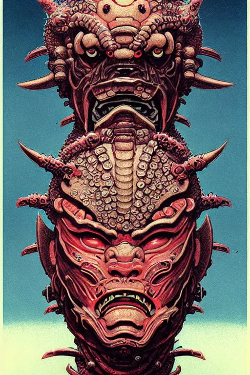 Image similar to japanese oni, character portrait, portrait, close up, concept art, intricate details, highly detailed, cherry blossom, soft light, vintage sci - fi poster, in the style of chris foss, rodger dean, moebius, michael whelan, and gustave dore