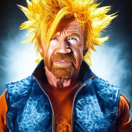 Image similar to uhd candid photo of cosmic chuck norris as a super sayian, glowing, global illumination, studio lighting, radiant light, detailed, correct face, elaborate intricate costume. photo by annie leibowitz