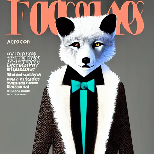 Image similar to fashion magazinecover of an anthropomorphic Arctic Fox wearing a fancy tuxedo