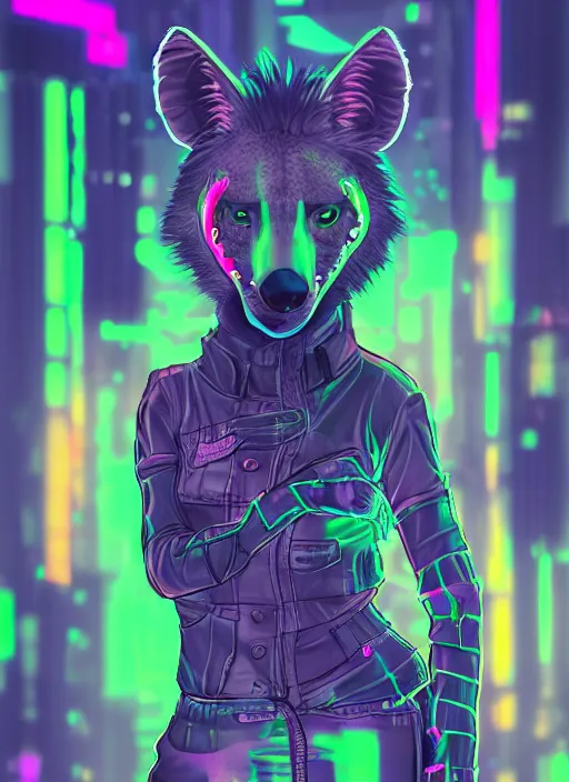 Image similar to cell shaded digital drawing of anthromorphic hyena female, fursona, furry fandom, neon rainy cyberpunk setting, anthro, wearing cyberpunk leather jacket, detailed face,