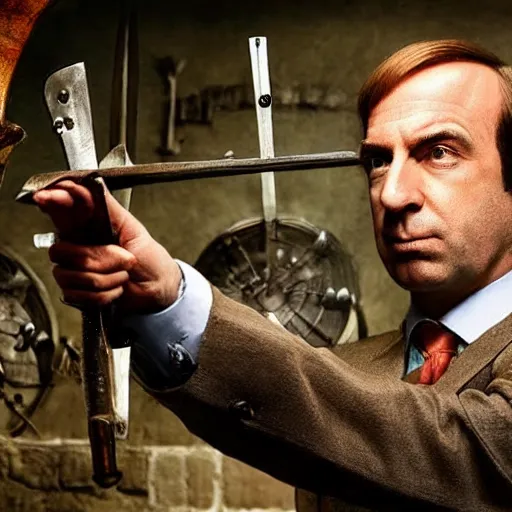 Image similar to saul goodman and a rooster in a medieval torture chamber, saw blades and knives in the background, horror movie, saul goodman, rooster, real life photo, detailed face