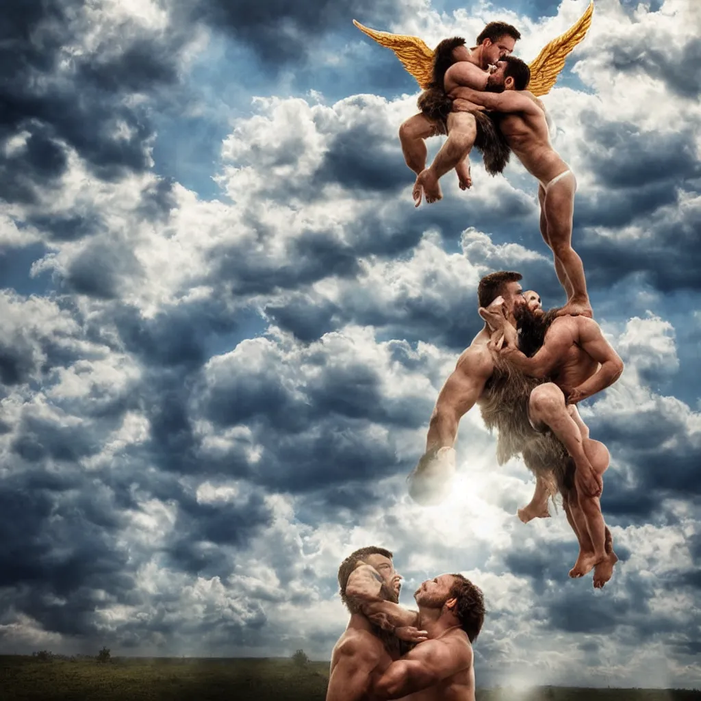 Image similar to hairy strongman angels kissing in the sky, photography, sunrays, clouds, high resolution, highly detailed, epic