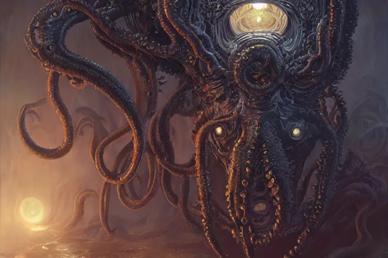 Image similar to a lovecraftian painting of cthulhu face of cosmic horror, cosmic horror elements, ultra realistic, concept art, intricate details, eerie, highly detailed, photorealistic, octane render, 8 k, unreal engine. art by artgerm and greg rutkowski and alphonse mucha