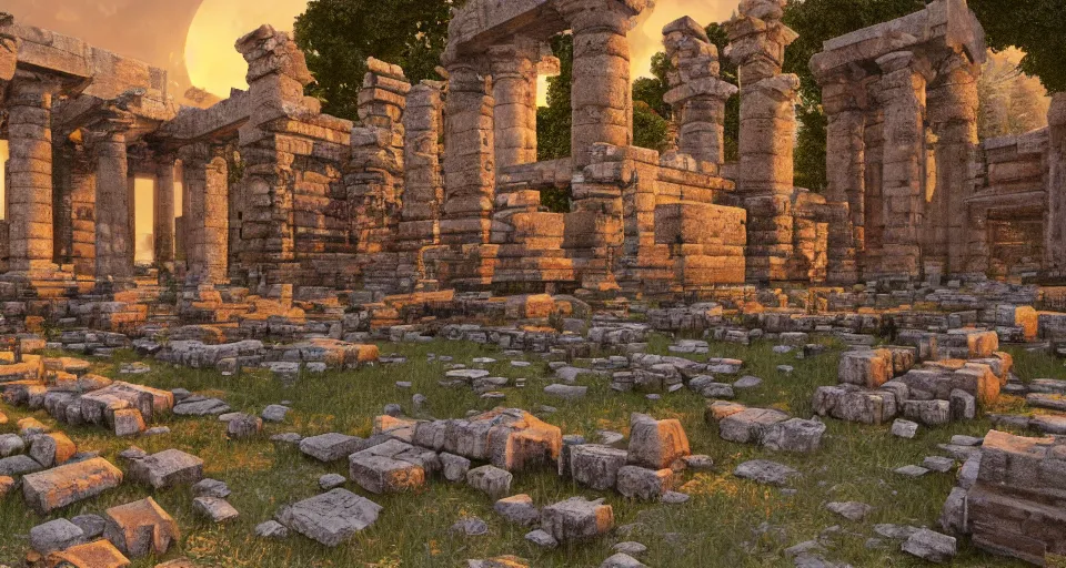 Image similar to Ancient temple ruins, hyperdetailed, artstation, cgsociety, golden hour 8k