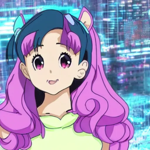 Image similar to Ariana Grande as a cute anime woman destroying a city