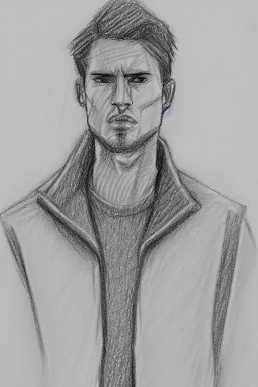 Image similar to a drawn man standing in the rain in a jacket. pencil sketch.