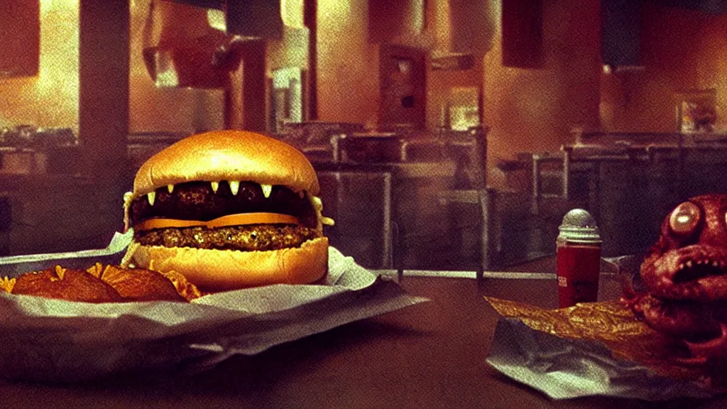 Image similar to the cheeseburger creature at the fast food restaurant, they steal my food, film still from the movie directed by denis villeneuve and david cronenberg with art direction by salvador dali and zdzisław beksinski, wide lens