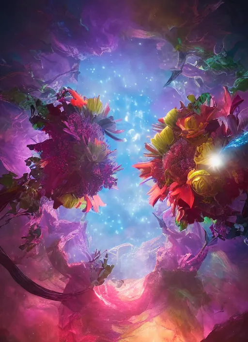 Image similar to An epic fantastic realism comic book style painting of the most beautiful entwined flowers launched across the dark galactic night sky, nebulous bouquets, fisheye lens, unreal 5, DAZ, hyperrealistic, octane render, dynamic lighting