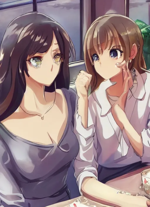 Image similar to two beautiful mothers sitting across from each other, summer clothes, gorgeous faces, thick lines, cinematic lighting, detailed anime art