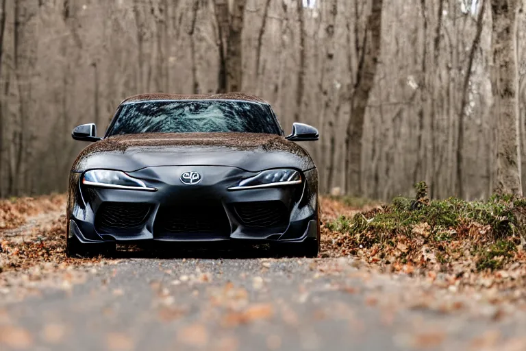 Image similar to A Toyota supra parked in a road with trees, Winter season, Epic photography, taken with a Canon DSLR camera, 50 mm, depth of field