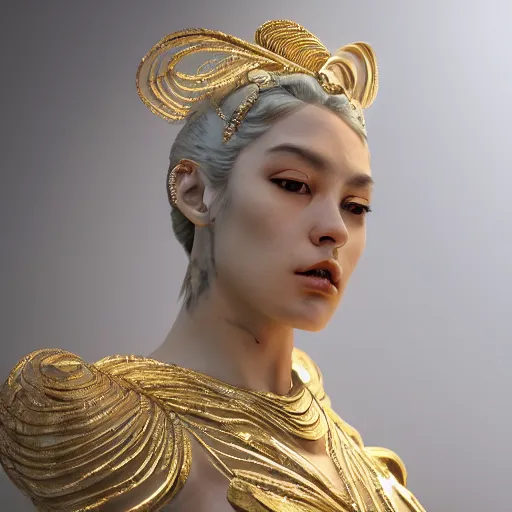 Prompt: a marble statue masterpiece of a gorgeous evil woman with white and gold, macro detailed oily skin, by kim jung gi, irakli nadar, intricate linework, bright colorshighly detailed, sharpness. victorian dress, hyper realistic., close up, face only, portrait, bright lights, bright render, octane render, corona render