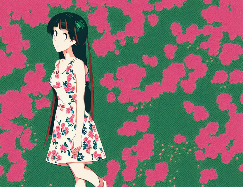 Prompt: girl wearing a floral dress on a summer day. pixel art, limited palette, by award - winning mangaka, backlighting, depth of field.