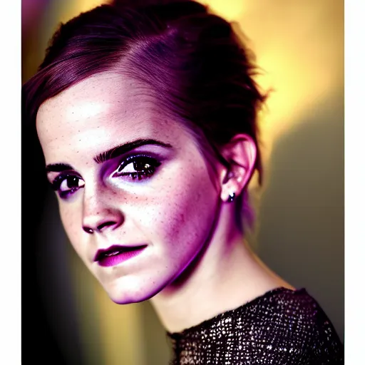 Prompt: Portrait photography of Emma Watson with glowing purple eyes