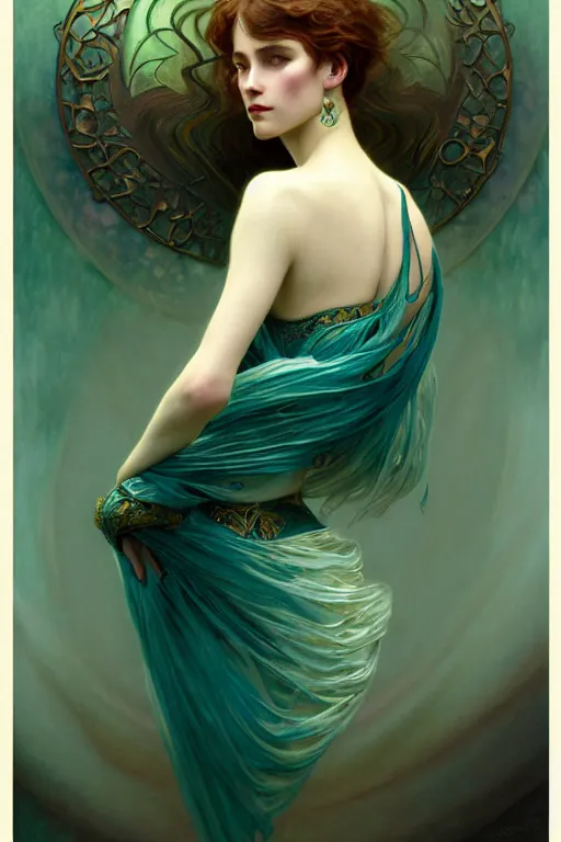 Image similar to pale teal, fantasy, intricate, elegant, dramatic lighting, emotionally evoking symbolic metaphor, highly detailed, lifelike, photorealistic, digital painting, artstation, concept art, smooth, sharp focus, illustration, art by John Collier and Albert Aublet and Krenz Cushart and Artem Demura and Alphonse Mucha