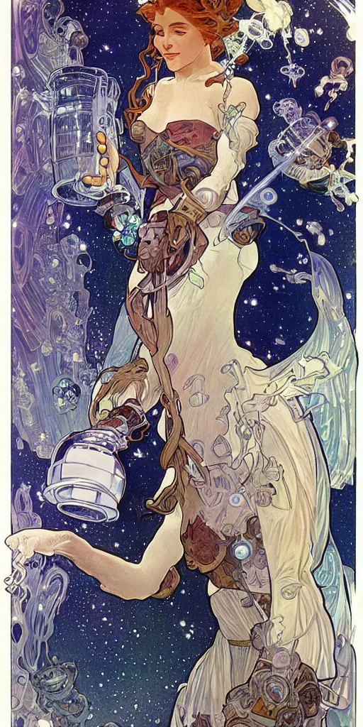 Image similar to a woman wearing outer space as a dress, pouring water from a vase into the milky way, by joe madura, by alphonse mucha, battle chasers.