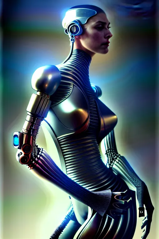 Image similar to ultra realistic, beautiful cyborg woman, sci-fi, fantasy, cyberpunk, intricate, elegant, highly detailed, digital painting, octane render, artstation, concept art, smooth, sharp focus, illustration, art by artgerm and vincent di fate and h.r. giger and michael welan and greg rutkowski and alphonse mucha