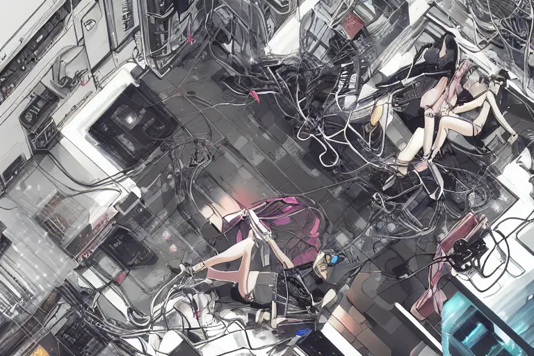 Image similar to a cyberpunk illustration of a group of three coherent female androids in style of masamune shirow, lying on an empty, white floor with their bodies broken scattered rotated in different directions and cables and wires coming out, by yukito kishiro and katsuhiro otomo, hyper-detailed, intricate, view from above