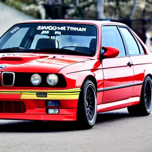 Image similar to bmw m 3 e 3 0 painted like north korean flag, in north korean parade