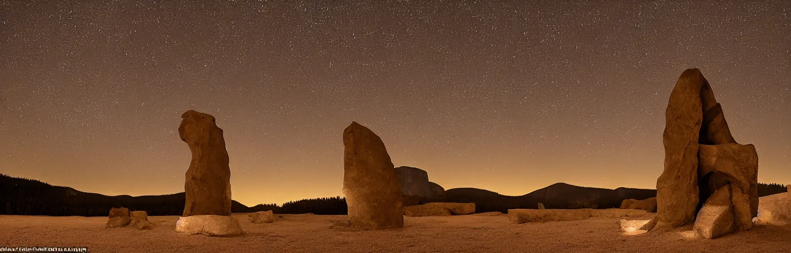 Image similar to to fathom hell or soar angelic, just take a pinch of psychedelic, medium format photograph of two colossal minimalistic necktie sculpture installations by antony gormley and anthony caro in yosemite national park, made from iron, marble, and limestone, granite peaks visible in the background, taken in the night